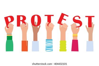 Hands holding protest signs , crowd of people protesters background, political, politic crisis poster
