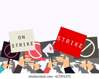 Hands holding protest signs. Crowd of protesters. Political crisis poster. Vector illustration.