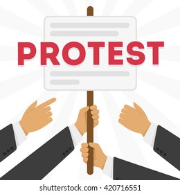 Hands holding protest signs, crowd of people protesters background, political, politic crisis poster, fists, revolution placard concept symbol flat style modern design vector illustration.