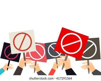 Hands holding protest signs. Political crisis poster. Vector illustration.