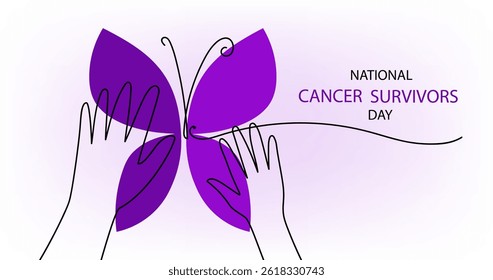Mãos segurando um gráfico de arte de linha borboleta roxo. Conceito nacional do dia dos sobreviventes do câncer para a ideia de fundo da celebração do feriado. ilustração da arte vetorial