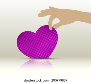 Hands holding purple heart. Drops in box. white background.