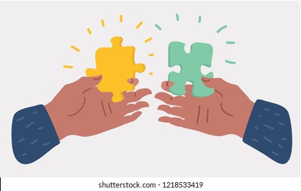 Hands holding and putting puzzle pieces. Solving jigsaw puzzle. Teamwork business concept. Vector cartoon illustration in modern concept