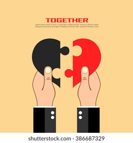 Hands holding puzzle heart, vector poster illustration on yellow background