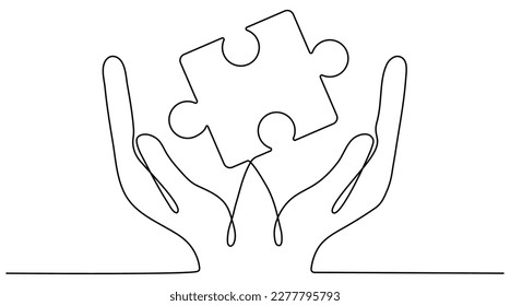 Hands holding puzzle piece continuous line drawing. Teamwork linear symbol. Vector illustration isolated on white.