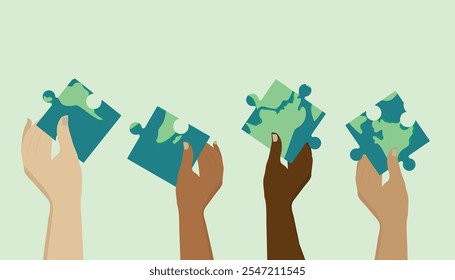 Hands Holding Puzzle Pieces of Earth. Diverse hands raising Earth map puzzle pieces, symbolizing unity, teamwork, and global collaboration for shared solutions and goals. Environmental conservation