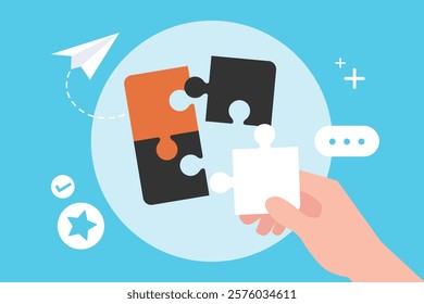 Hands holding puzzle pieces jigsaw concept, Successful and problem solving.