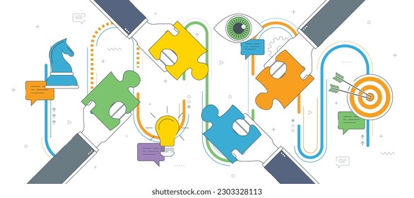 Manos sosteniendo piezas de rompecabezas e iconos de mensajes con textos de retroalimentación. Concepto de trabajo en equipo, cooperación, asociación, éxito, equipo, empresa, estrategia y retroalimentación. Ilustración vectorial plana de línea delgada