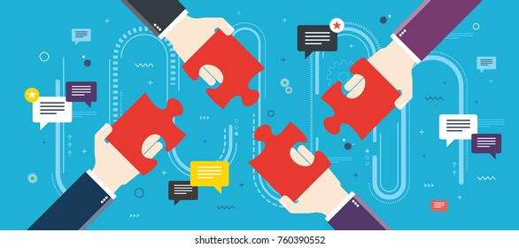 Hands holding puzzle pieces and and message icons with feedback texts. Concept of teamwork, cooperation, partnership, success, team, business, strategy and feedback. Flat vector illustration.
