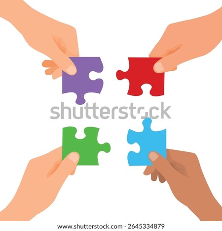 Hands holding puzzle pieces and put together jigsaw parts as teamwork