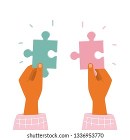 Hands holding puzzle pieces. Teamwork business concept. Vector hand drawn illustration.