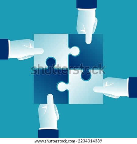 Hands holding puzzle. Pieces together. Teamwork concept. Business partnership metaphor. Vector illustration flat style design. Solution and strategy. Symbol of working together cooperation, combining.