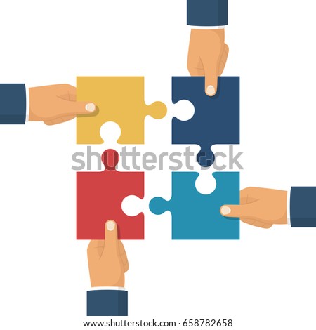 Hands holding puzzle. Pieces together. Teamwork concept. Business partnership metaphor. Vector illustration flat style design. Solution and strategy. Symbol of working together cooperation, combining.