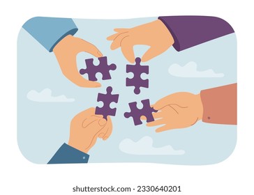 Hands holding puzzle pieces vector illustration. Friends or coworkers solving puzzle, working together in team and supporting each other. Unity, togetherness, teamwork concept