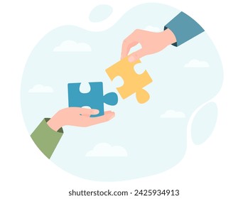 Manos sosteniendo puzzles, trabajo en equipo, encontrar ideas, team building, organización corporativa, asociación, lluvia de ideas, resolver problemas, ilustración vectorial plana