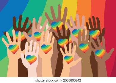 hands up holding rainbow heart peace love flag in the background. Human rights, lgbt pride day vector illustration