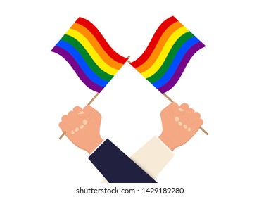 Hands holding and raising rainbow colored lgbt flag vector illustration