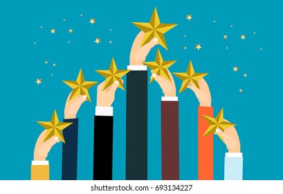 Hands holding rating star. Feedback recognition concept. Flat vector illustration