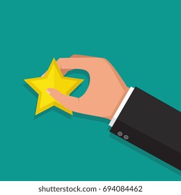 Hands holding rating star. Feedback concept. Vector illustration