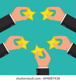 Hands holding rating star. Feedback concept. Vector illustration
