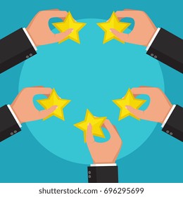 Hands holding rating star. Feedback concept. Vector illustration