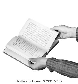 Hands holding and reading an open book in halftone style isolated on white background. Monochrome illustration symbolizing reading, learning, education, literature, and knowledge.