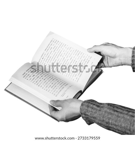 Hands holding and reading an open book in halftone style isolated on white background. Monochrome illustration symbolizing reading, learning, education, literature, and knowledge.