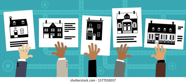 Hands holding up real estate listings with different types of properties, EPS 8 vector illustration