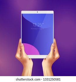 Hands holding realistic white tablet with date and time at screen on purple background vector illustration