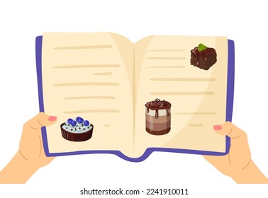 Hands holding recipe book with desserts vector illustration. Cartoon drawing of female hands and cookbook with sweet treats isolated on white background. Cooking, desserts, baking, food concept