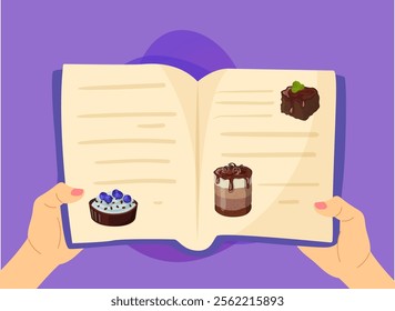 Hands holding recipe book with desserts vector illustration. Cartoon drawing of female hands and cookbook with sweet treats on purple background. Cooking, desserts, baking, food concept