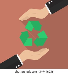 Hands holding recycle icon. Vector Illustration