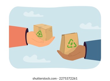 Hands holding recycled products vector illustration. People exchanging goods for secondary use of products and zero waste life. Sustainability, recycling, upcycling, ecology concept
