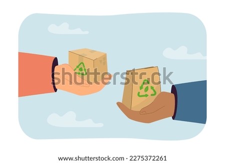 Hands holding recycled products vector illustration. People exchanging goods for secondary use of products and zero waste life. Sustainability, recycling, upcycling, ecology concept