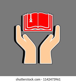 Hands holding a red book vector icon
