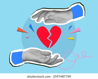 Hands holding a red broken heart. Modern collage style. Vector illustration