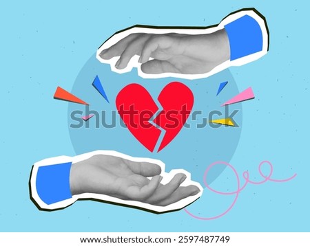 Hands holding a red broken heart. Modern collage style. Vector illustration