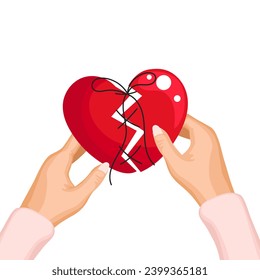 Manos con el corazón rojizo roto y cosido. Antecedentes del Día de San Valentín, impresión, vector