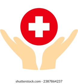 hands holding red cross, white plus in red circle, medical healthcare, help symbol, flat design, isolate on white background, medical vector illustration