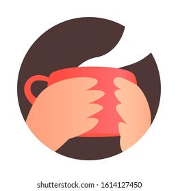 Hands holding a red cup with hot tea. Label or advertisement for a delicious drink. Vector round illustration.