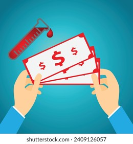 Hands holding red dollar banknotes and a tube with blood, blood money concept