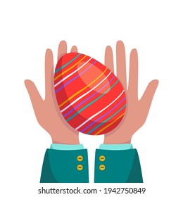 Hands are holding a red Easter egg. Festive spring decorations. The palms are giving a gift. Vector flat illustration