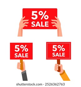 Hands holding red five percent sale signs, banners and placards in a set collection