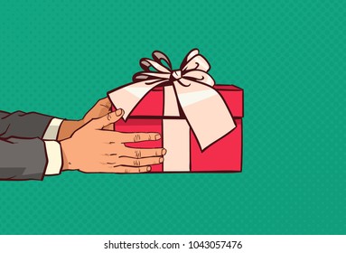 Hands Holding Red Gift Box With Bow Present For With Holiday Event Over Comic Pop Art Background Vector Illustration