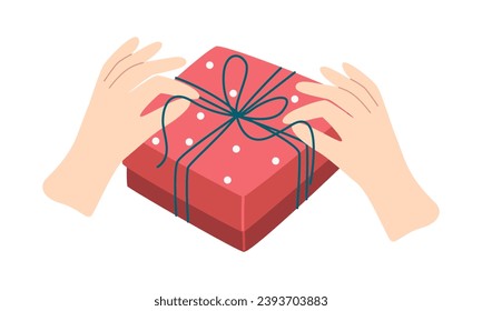 Hands holding a red gift box. Vector illustration on a white background. Concept for gifts, Christmas, New Year, holidays, birthday.