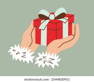 Hands holding a red gift box tied with a blue ribbon, featuring fur cuffs for a festive winter feel. Minimalist flat style illustration perfect for holiday-themed designs and celebrations.