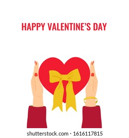 Hands holding red gift in the form of heart with yellow bow on white background. Vector image for advertising, web banner, printing.