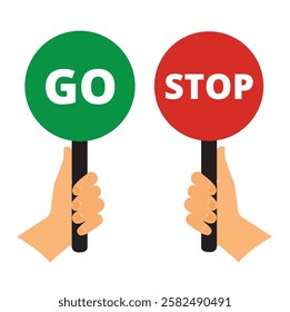 Hands holding red and green round signs with go and stop words written on them