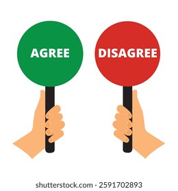 Hands holding red and green round signs with agree and disagree words written on them