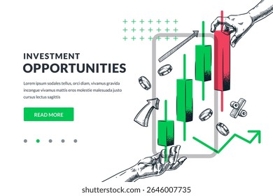 Hands holding red and green stock market candlesticks on smartphone screen. Vector sketch flat collage illustration. Investment, trading, finance strategy, loss and risk concept